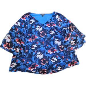 Lane Bryant Women’s 14/16 (1X) Floral Blouse 3/4 Bell Sleeve Low Cut Lined Top